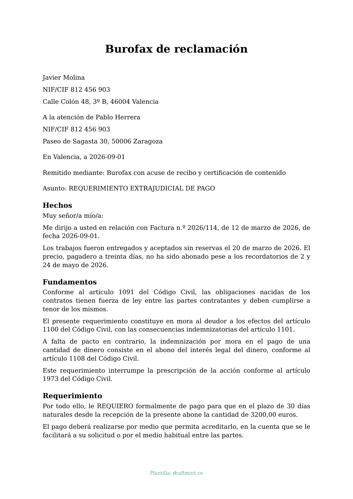 Burofax de reclamación — modelo rellenado, ejemplo en PDF