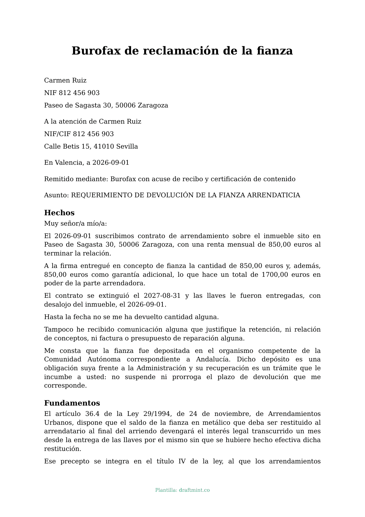 Burofax de reclamación de la fianza — modelo rellenado, ejemplo en PDF