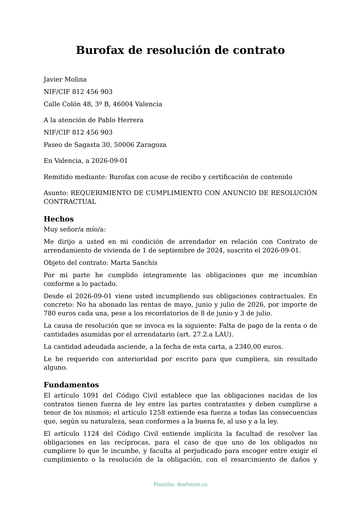 Burofax de resolución de contrato — modelo rellenado, ejemplo en PDF