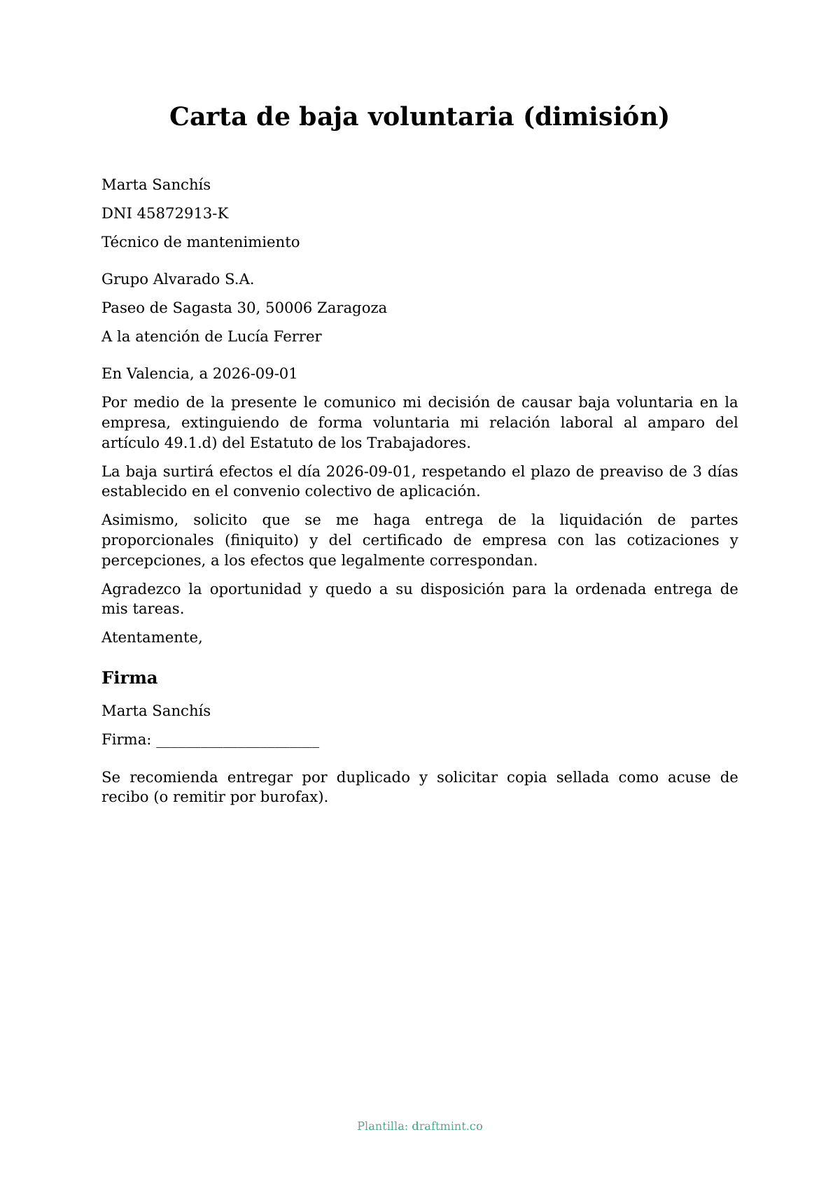 Carta de baja voluntaria (dimisión) — modelo rellenado, ejemplo en PDF