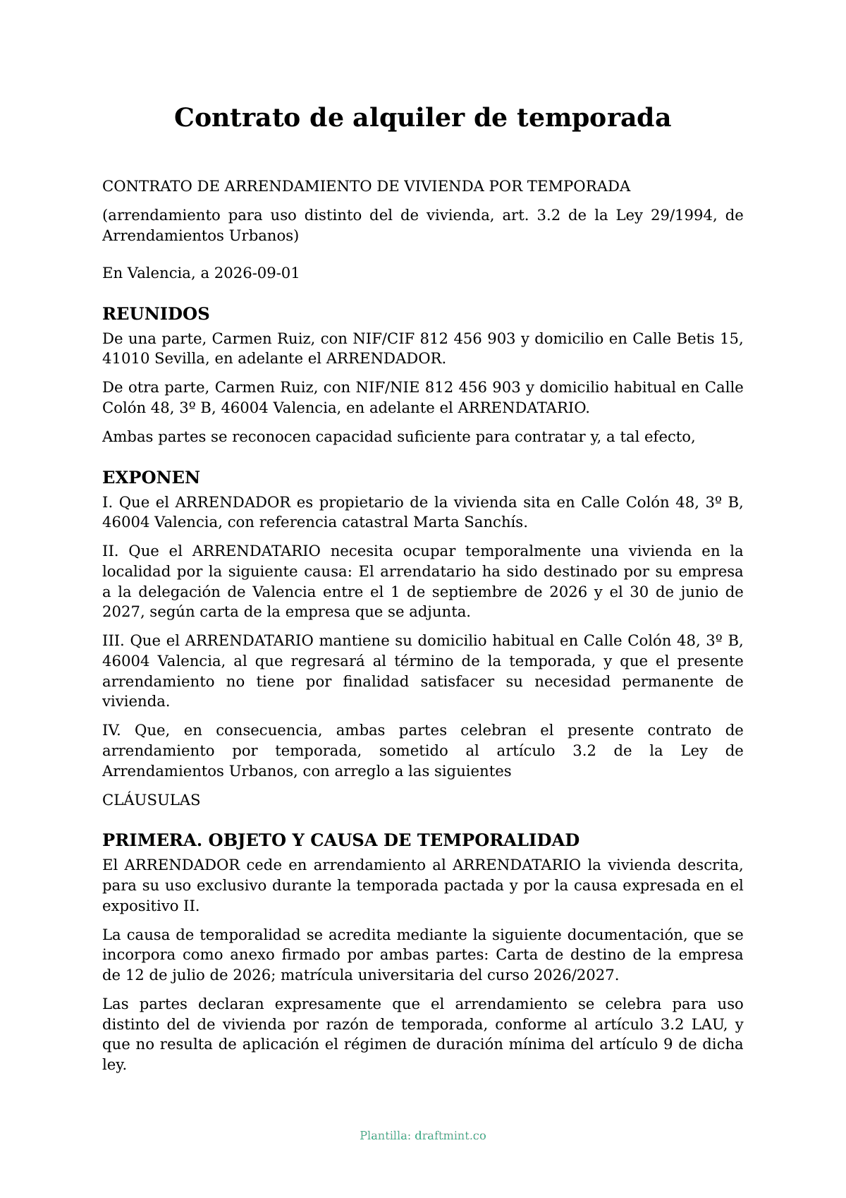 Contrato de alquiler de temporada — modelo rellenado, ejemplo en PDF