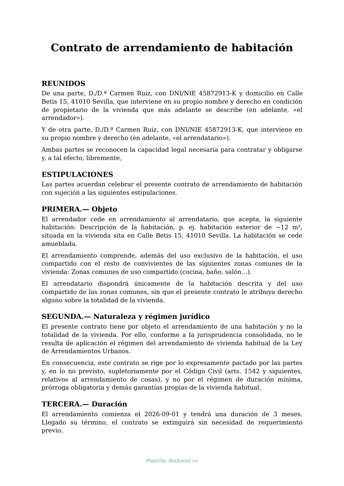 Contrato de arrendamiento de habitación — modelo rellenado, ejemplo en PDF
