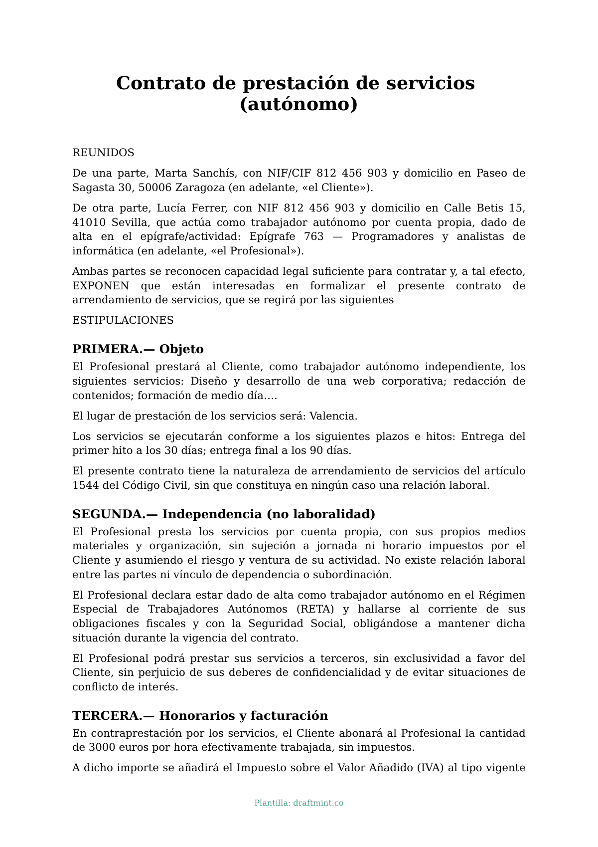 Contrato de prestación de servicios (autónomo) — modelo rellenado, ejemplo en PDF