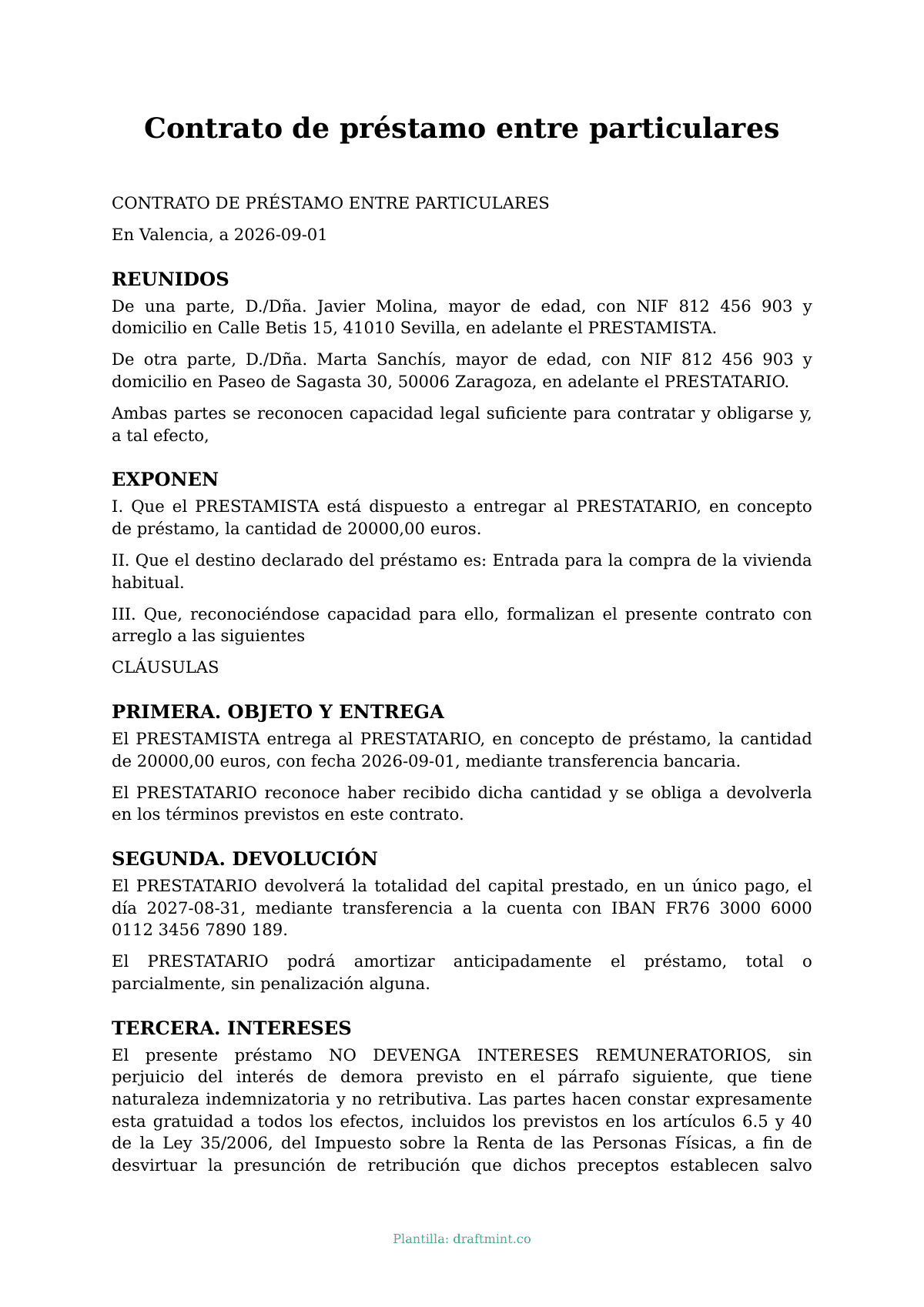 Contrato de préstamo entre particulares — modelo rellenado, ejemplo en PDF