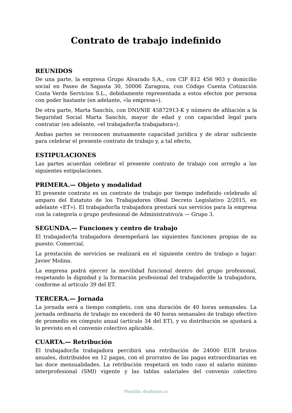 Contrato de trabajo indefinido — modelo rellenado, ejemplo en PDF