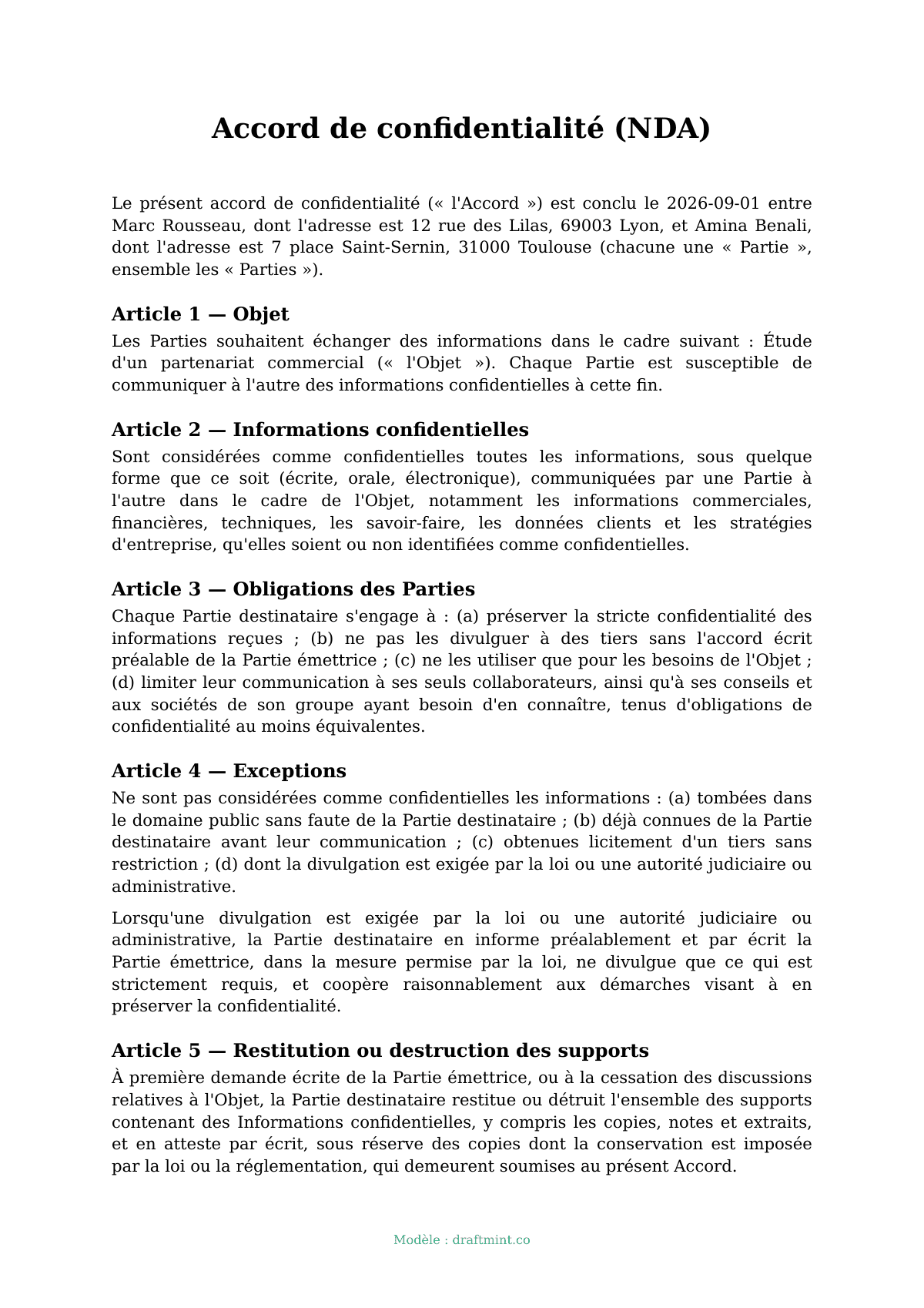 Accord de confidentialité (NDA) — modèle rempli, exemple en PDF