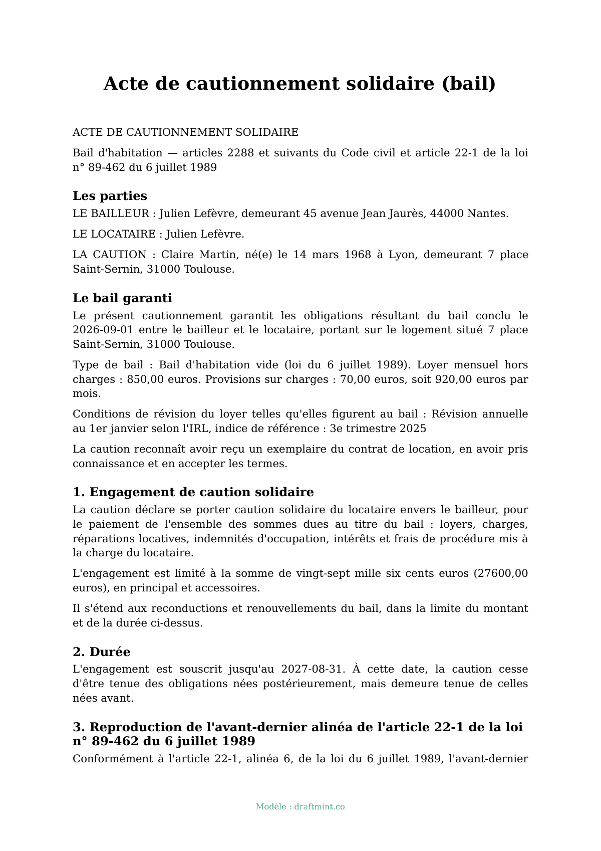 Acte de cautionnement solidaire (bail) — modèle rempli, exemple en PDF