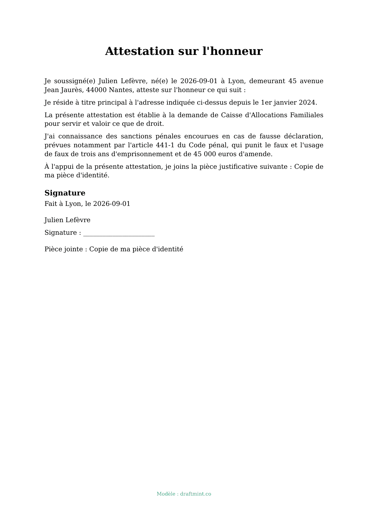 Attestation sur l'honneur — modèle rempli, exemple en PDF