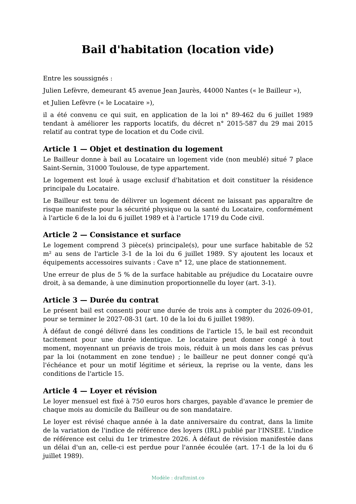 Bail d'habitation (location vide) — modèle rempli, exemple en PDF