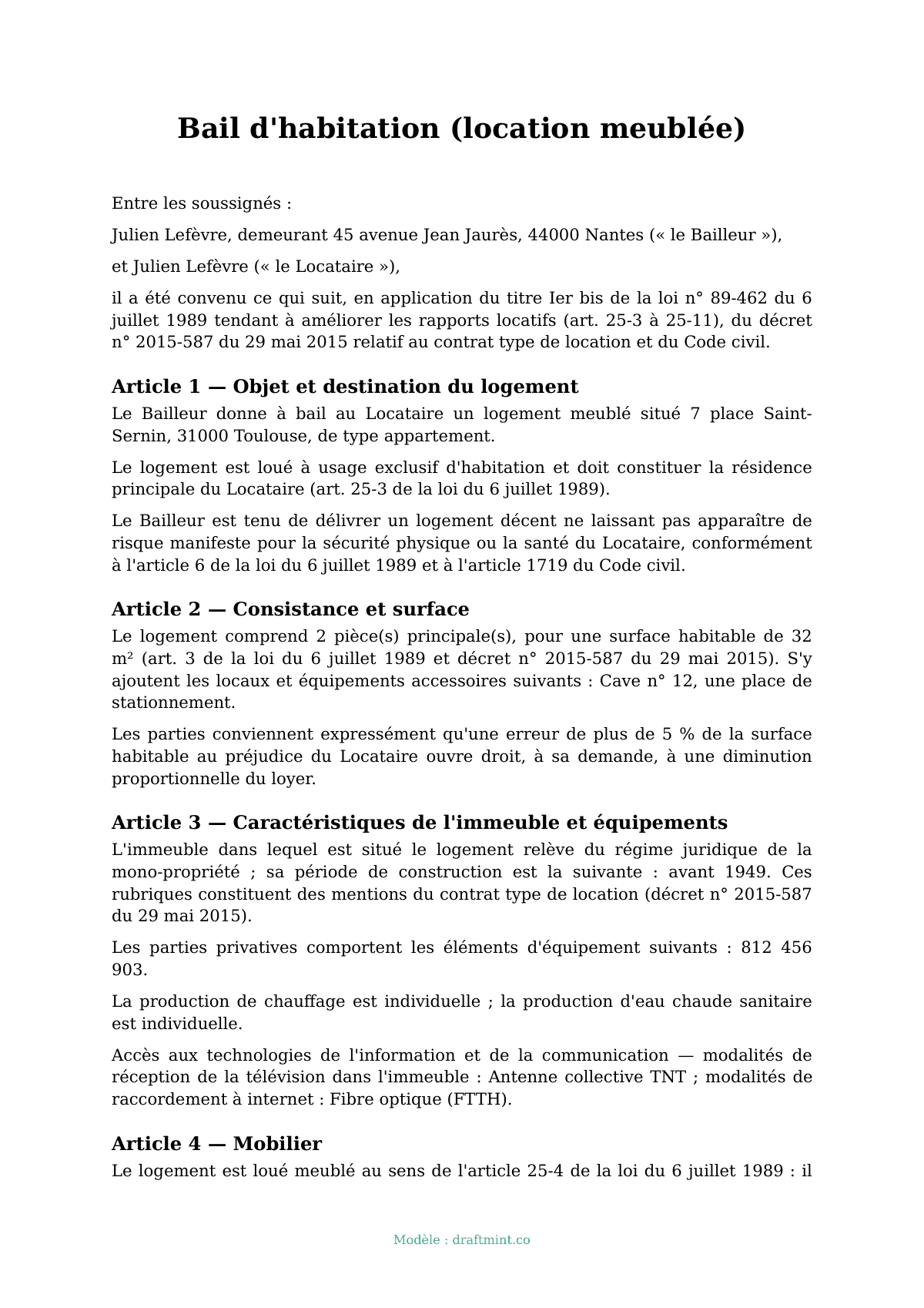 Bail d'habitation (location meublée) — modèle rempli, exemple en PDF