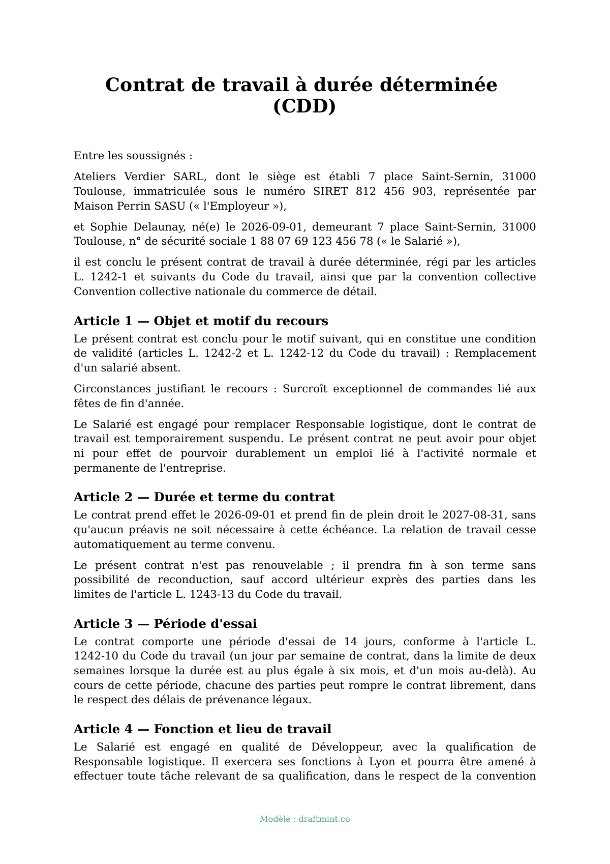 Contrat de travail à durée déterminée (CDD) — modèle rempli, exemple en PDF