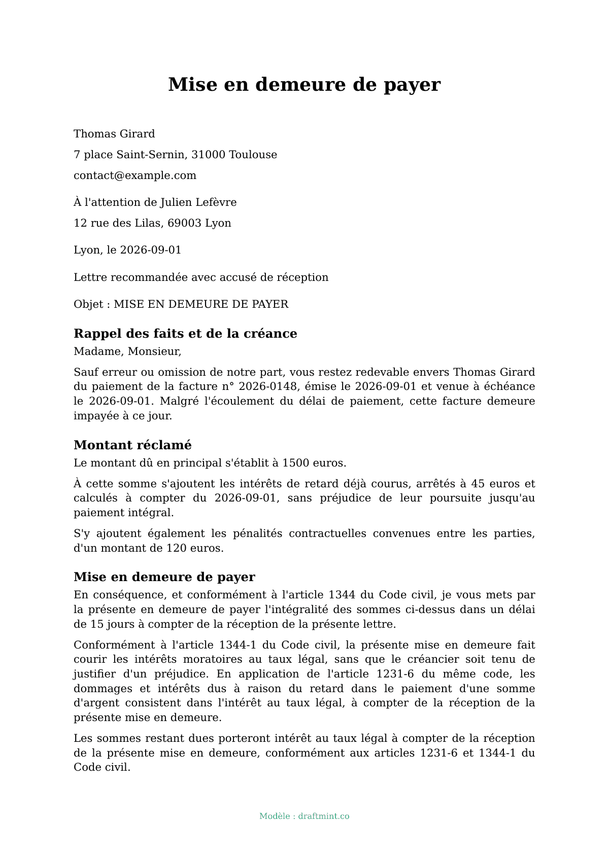 Mise en demeure de payer — modèle rempli, exemple en PDF