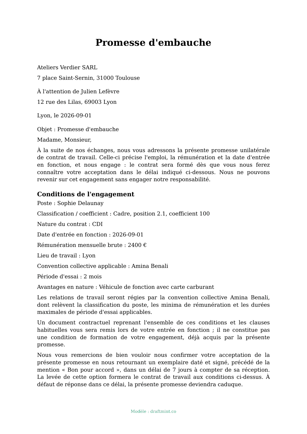 Promesse d'embauche — modèle rempli, exemple en PDF