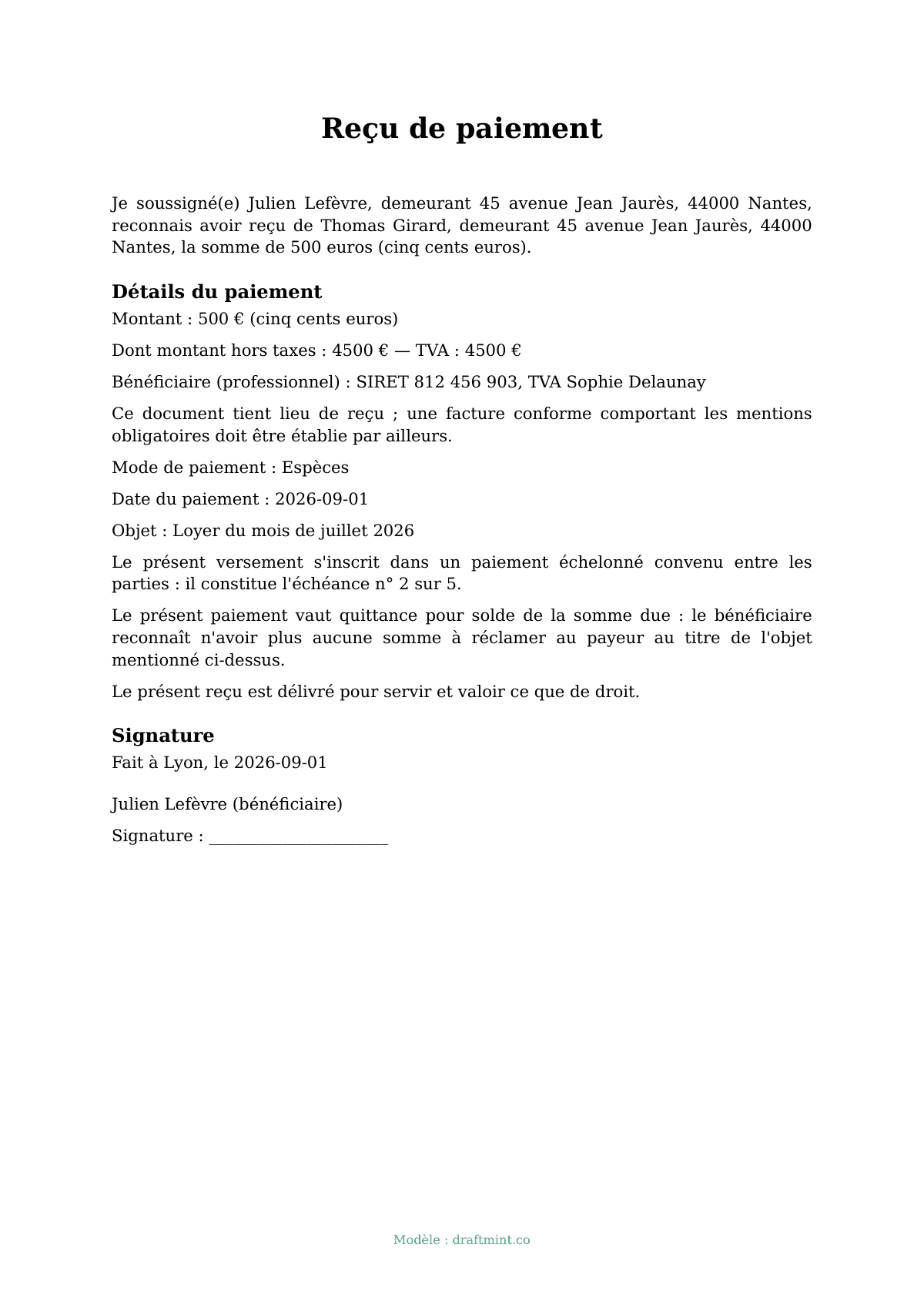 Reçu de paiement — modèle rempli, exemple en PDF