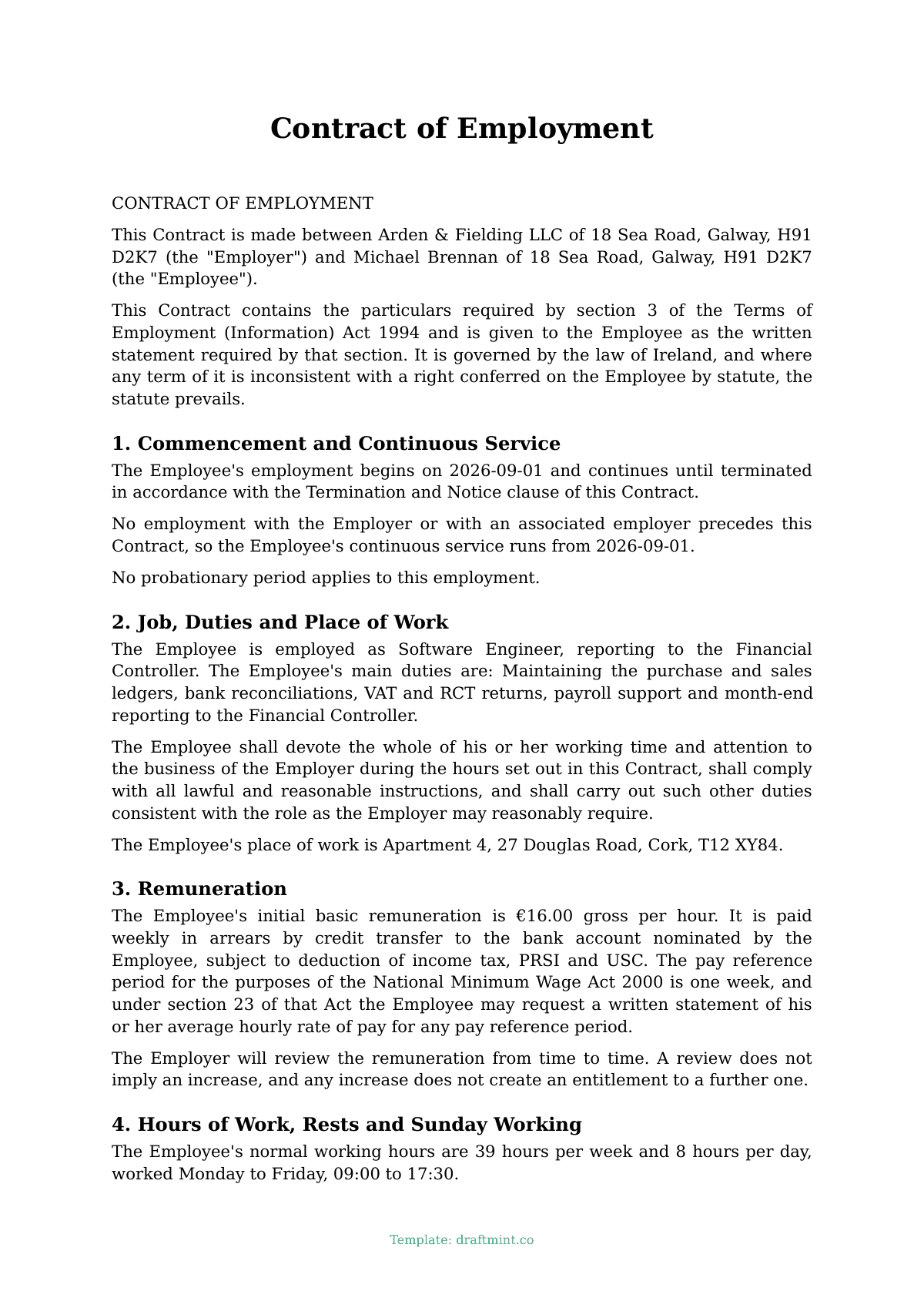 Contract of Employment — filled-in template, sample PDF