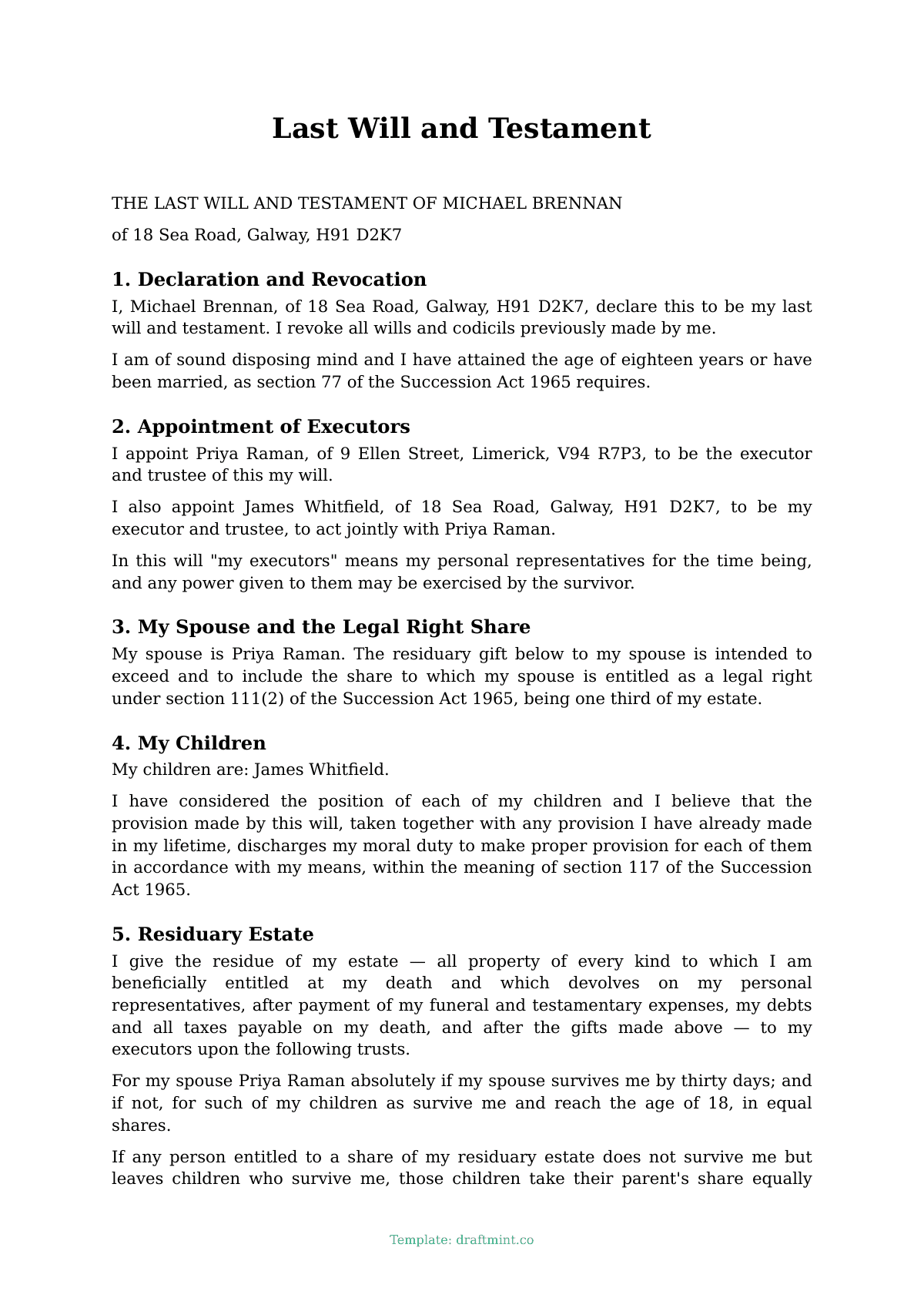 Last Will and Testament — filled-in template, sample PDF