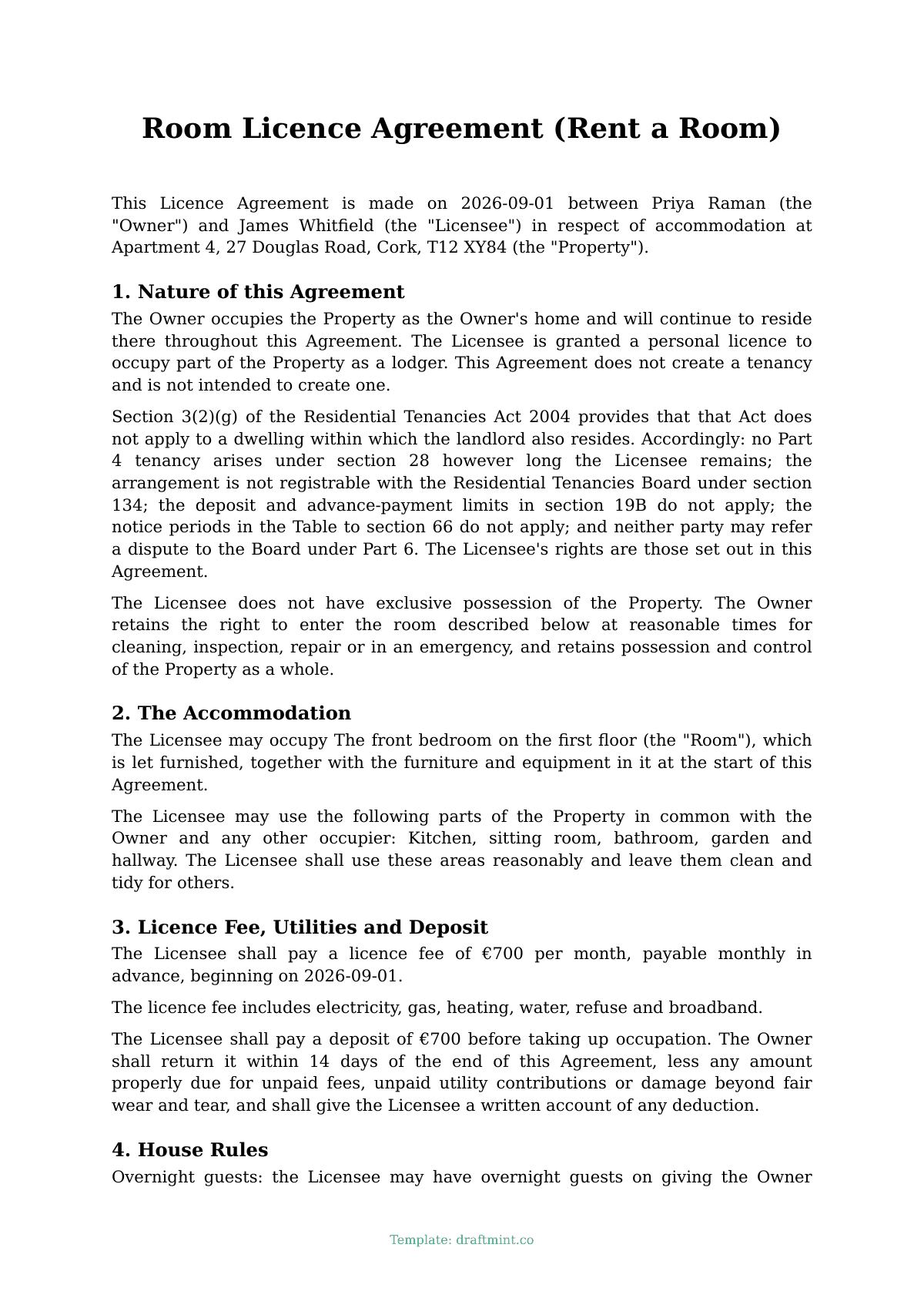 Room Licence Agreement (Rent a Room) — filled-in template, sample PDF