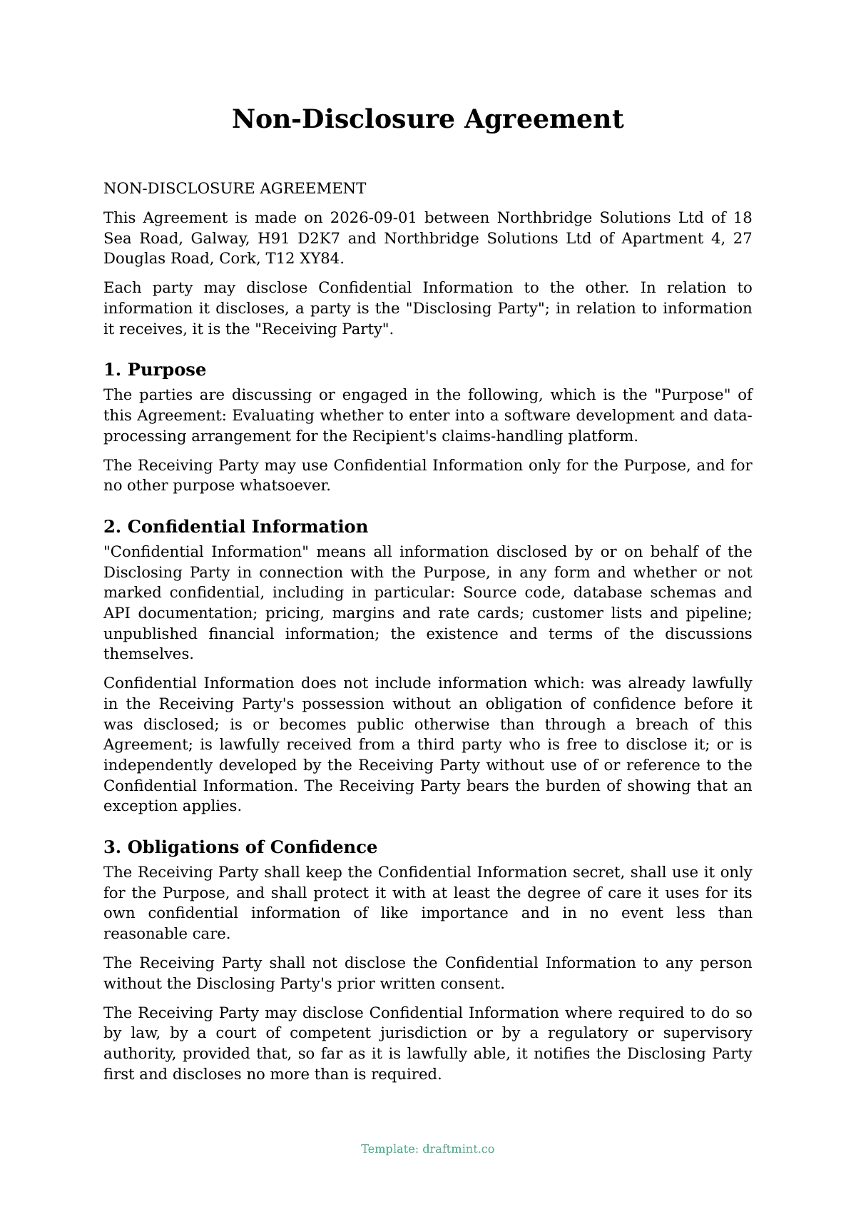 Non-Disclosure Agreement — filled-in template, sample PDF