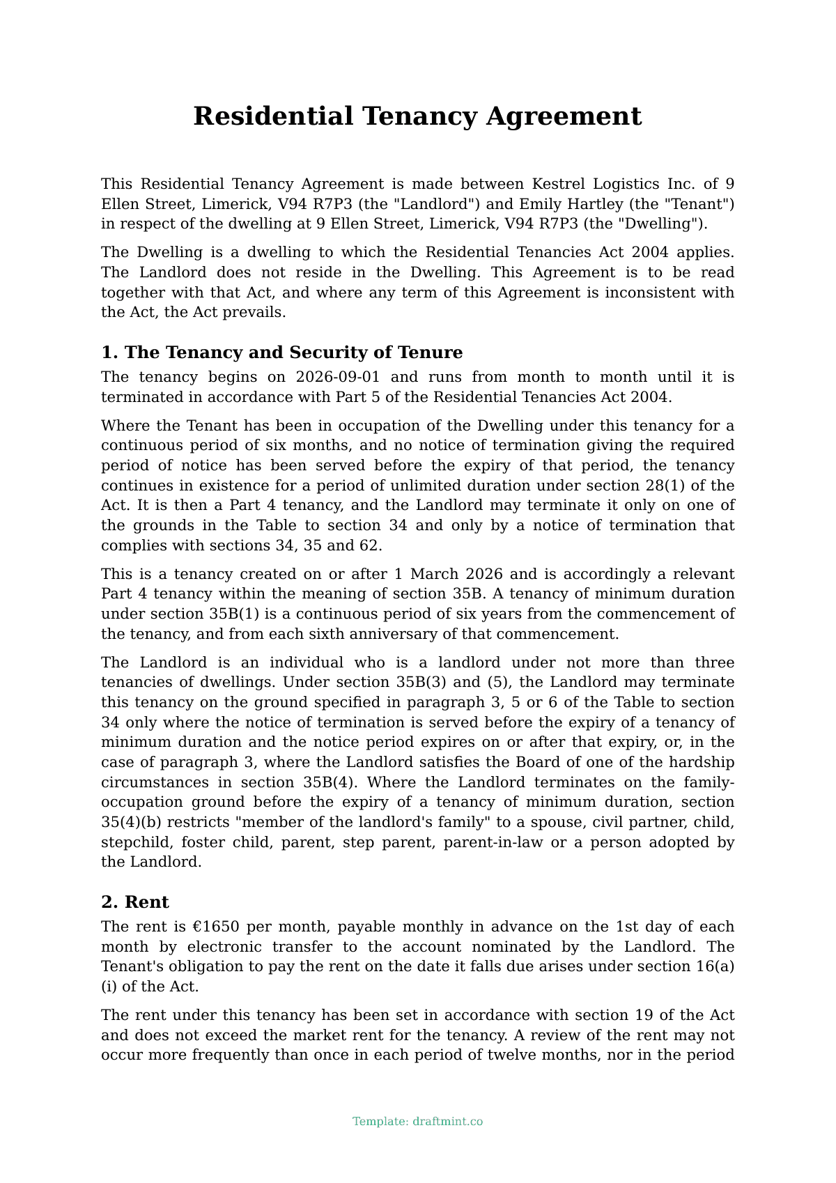 Residential Tenancy Agreement — filled-in template, sample PDF