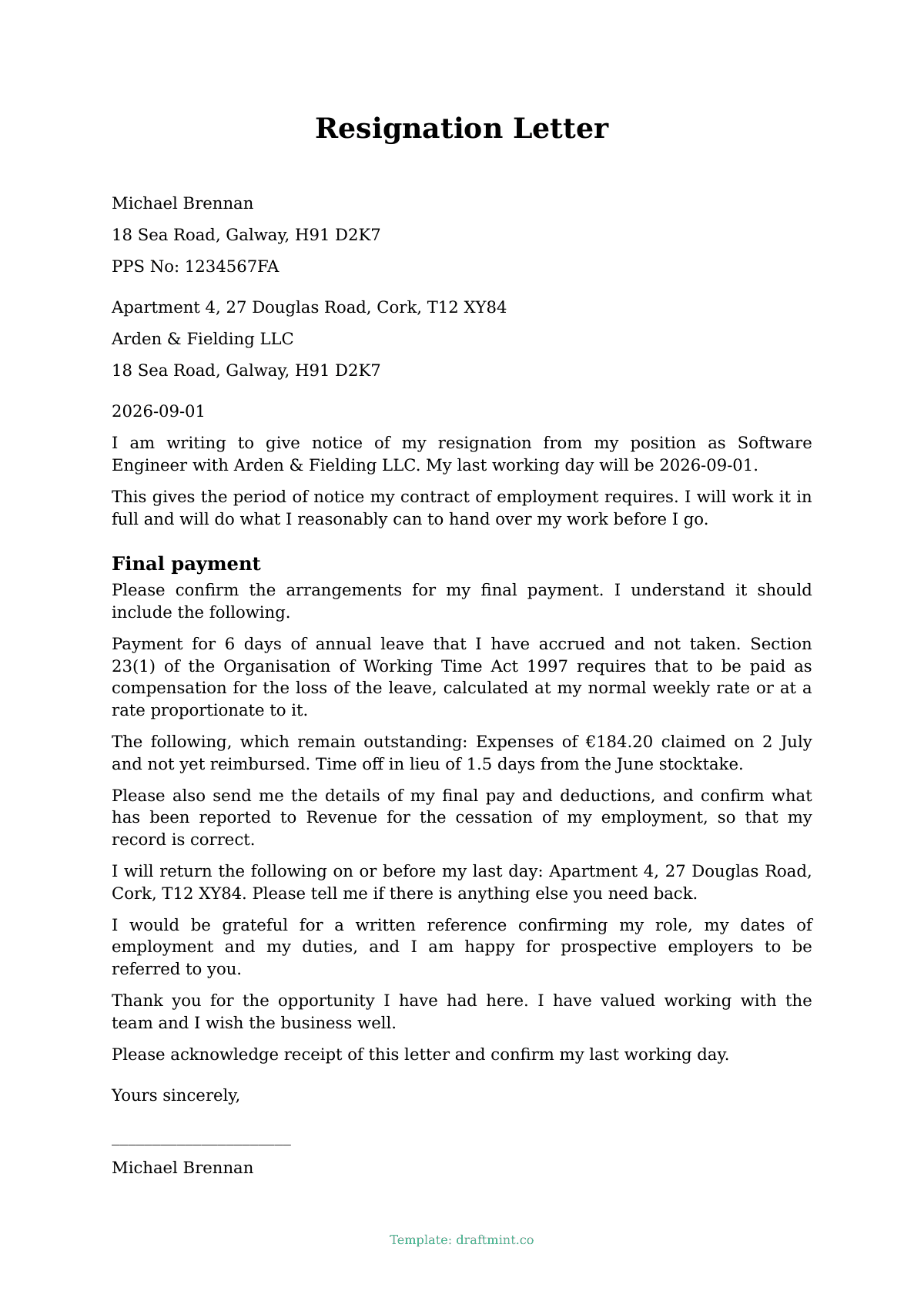 Resignation Letter — filled-in template, sample PDF