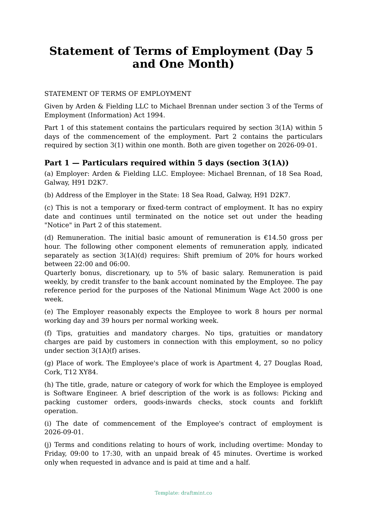 Statement of Terms of Employment (Day 5 and One Month) — filled-in template, sample PDF