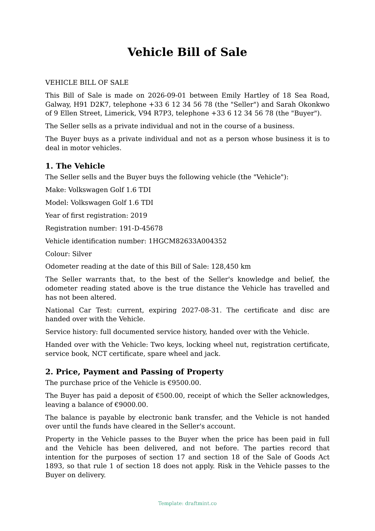 Vehicle Bill of Sale — filled-in template, sample PDF