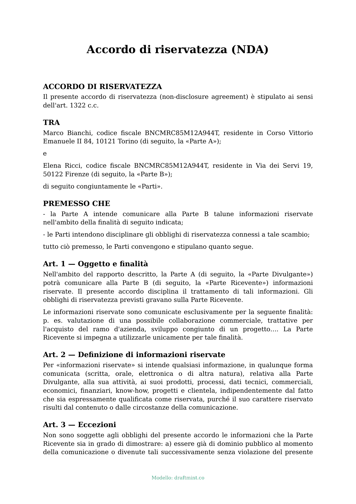 Accordo di riservatezza (NDA) — modello compilato, esempio in PDF