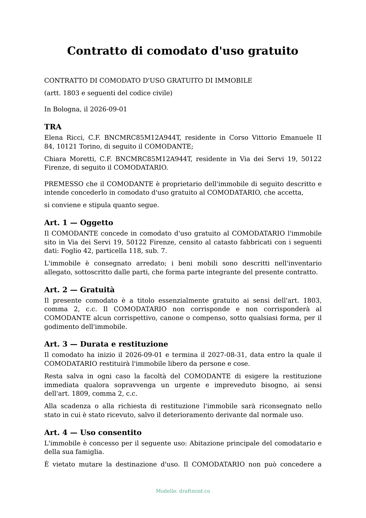Contratto di comodato d'uso gratuito — modello compilato, esempio in PDF