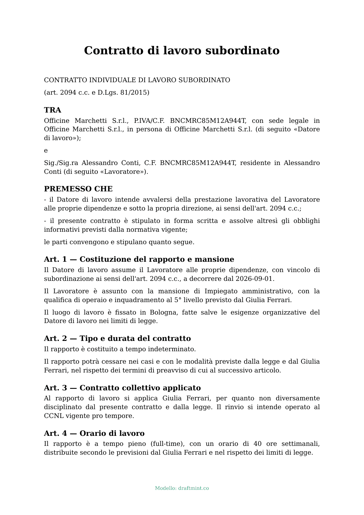Contratto di lavoro subordinato — modello compilato, esempio in PDF