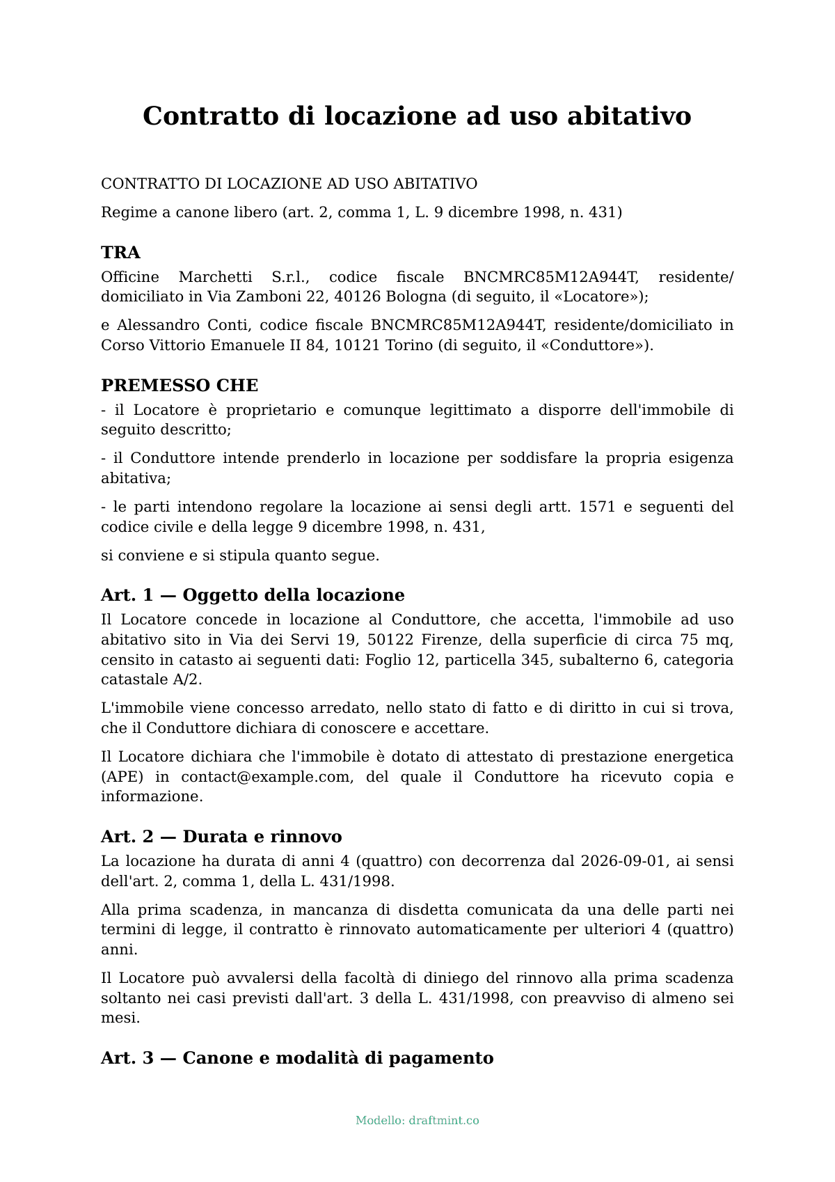 Contratto di locazione ad uso abitativo — modello compilato, esempio in PDF