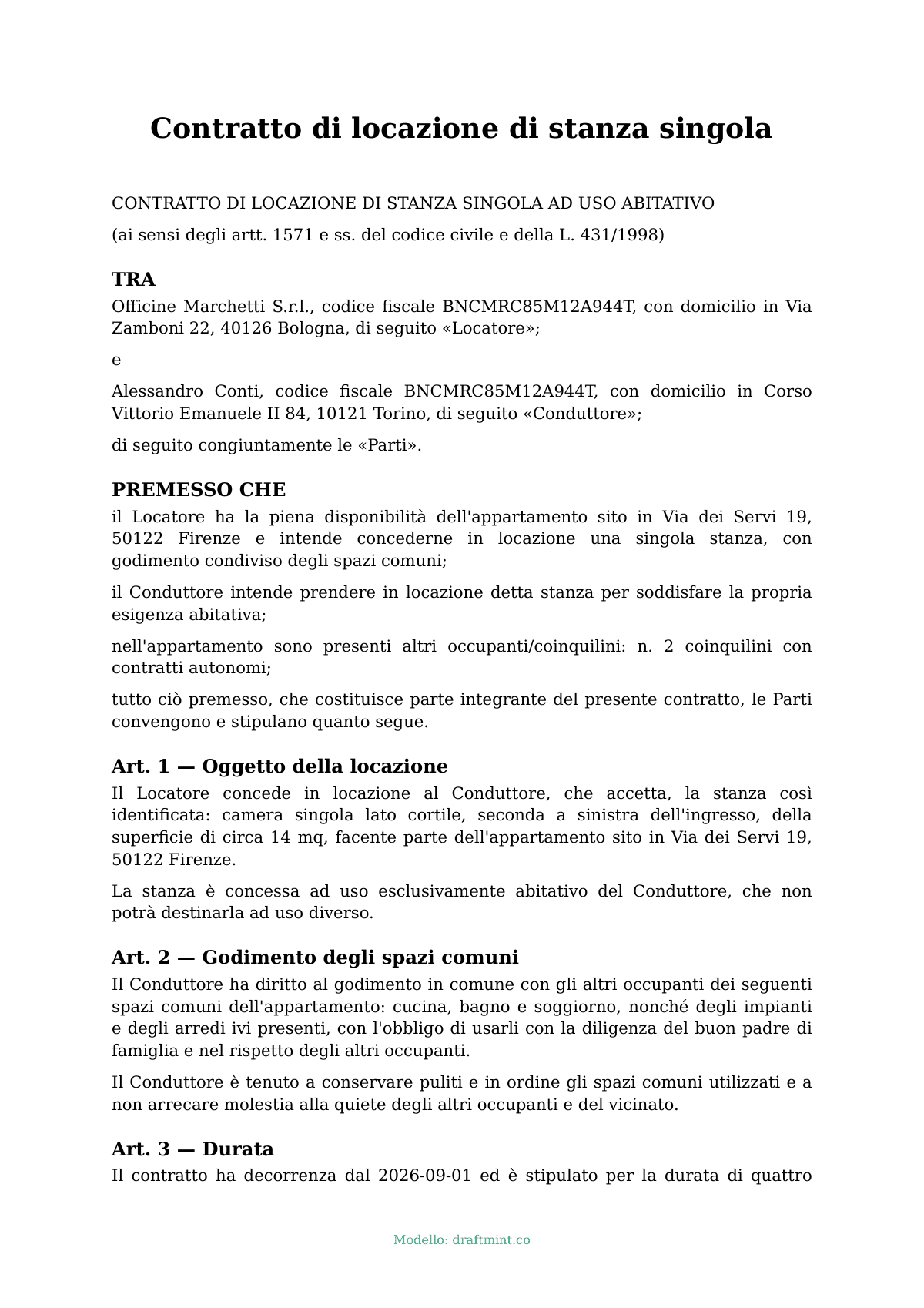 Contratto di locazione di stanza singola — modello compilato, esempio in PDF