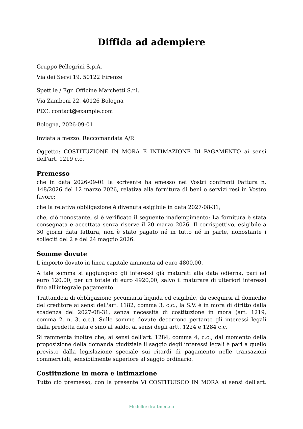 Diffida ad adempiere — modello compilato, esempio in PDF