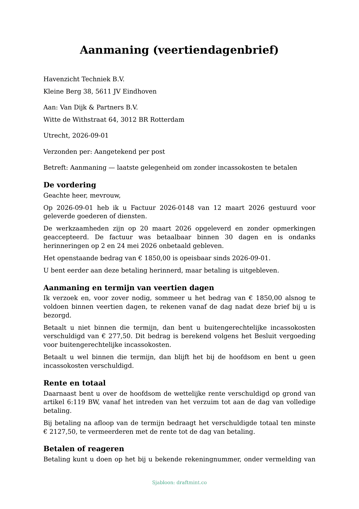 Aanmaning (veertiendagenbrief) — ingevuld sjabloon, voorbeeld in PDF