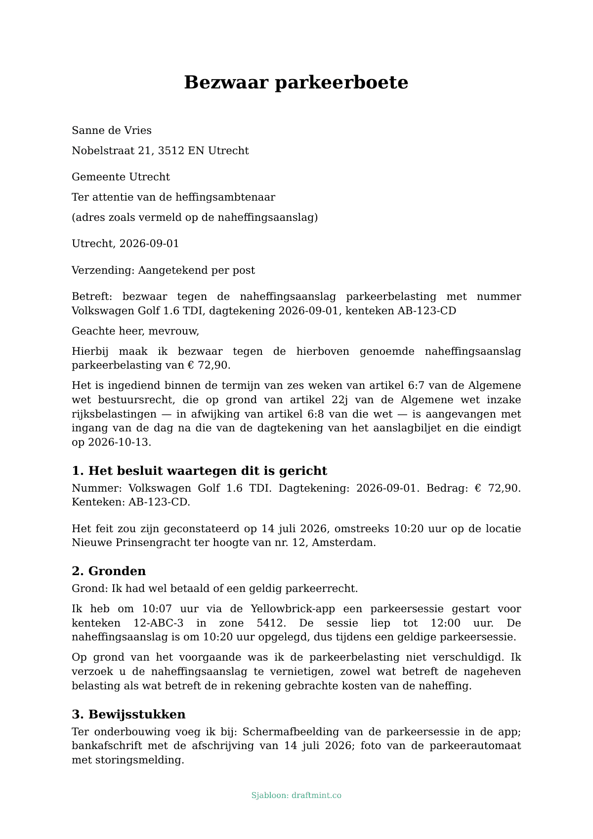 Bezwaar parkeerboete — ingevuld sjabloon, voorbeeld in PDF