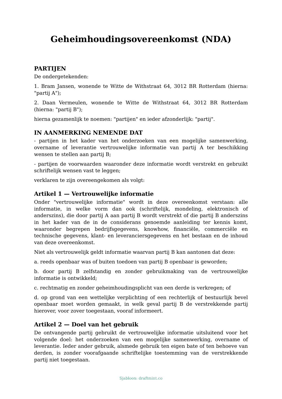 Geheimhoudingsovereenkomst (NDA) — ingevuld sjabloon, voorbeeld in PDF