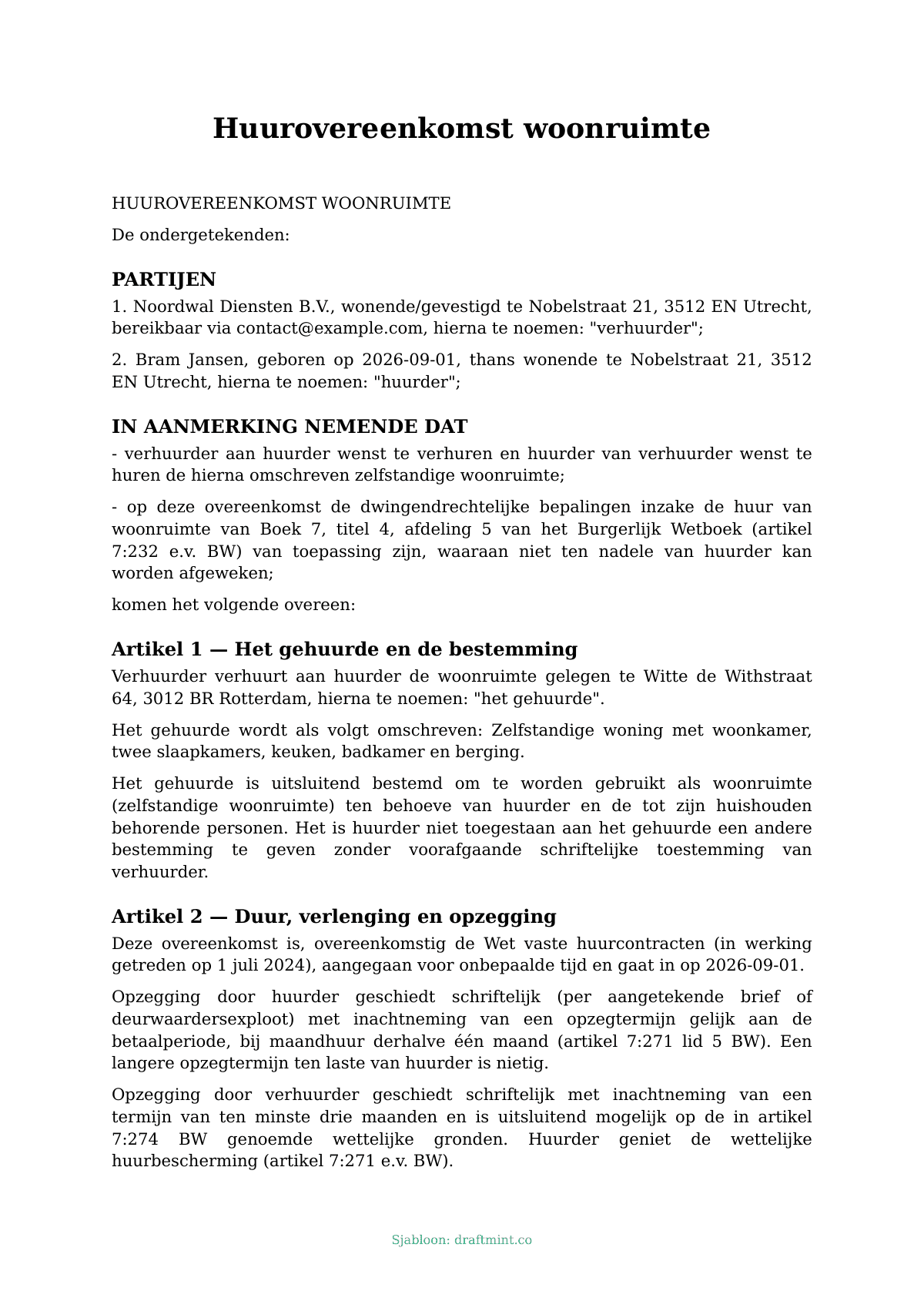 Huurovereenkomst woonruimte — ingevuld sjabloon, voorbeeld in PDF