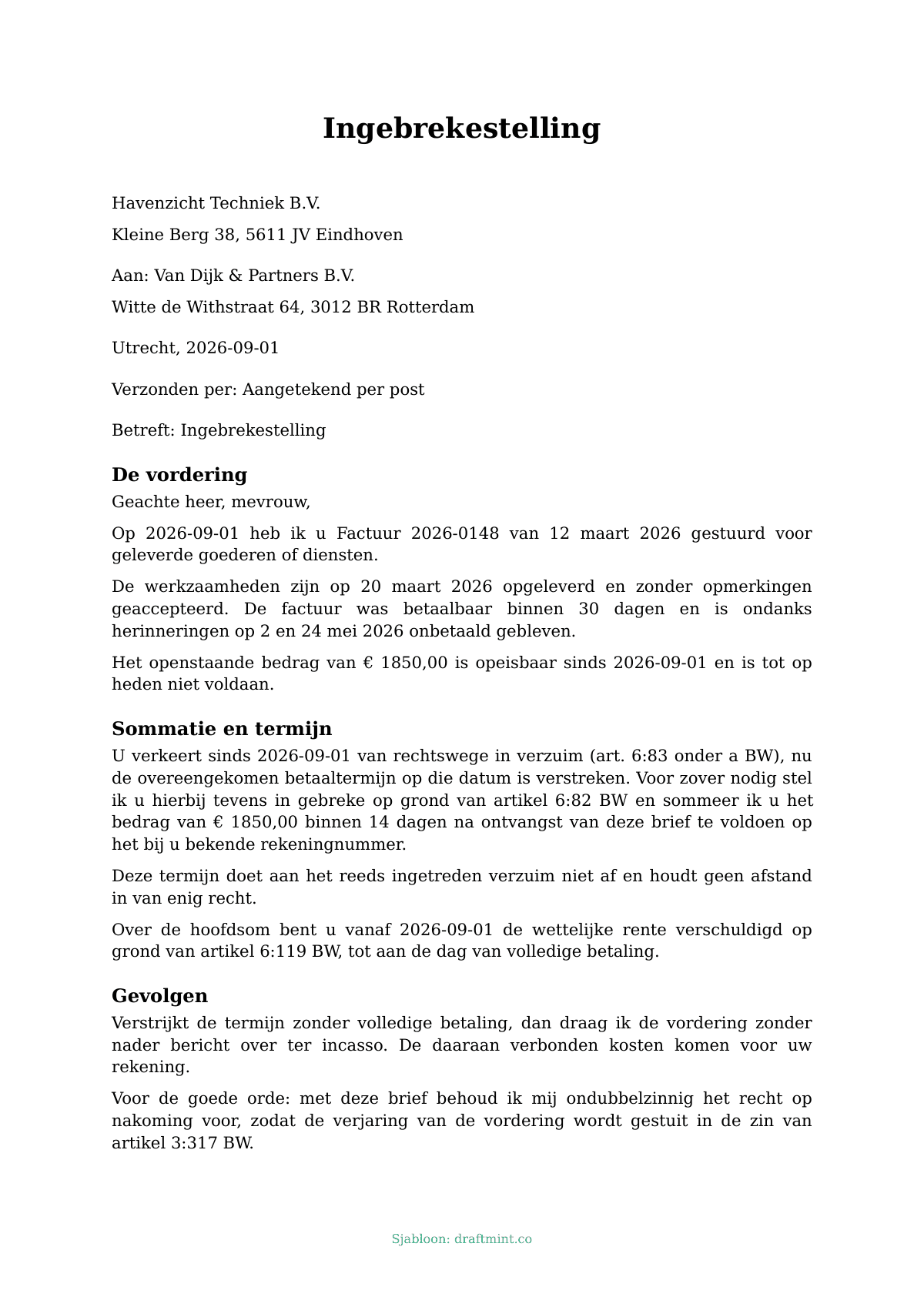 Ingebrekestelling — ingevuld sjabloon, voorbeeld in PDF