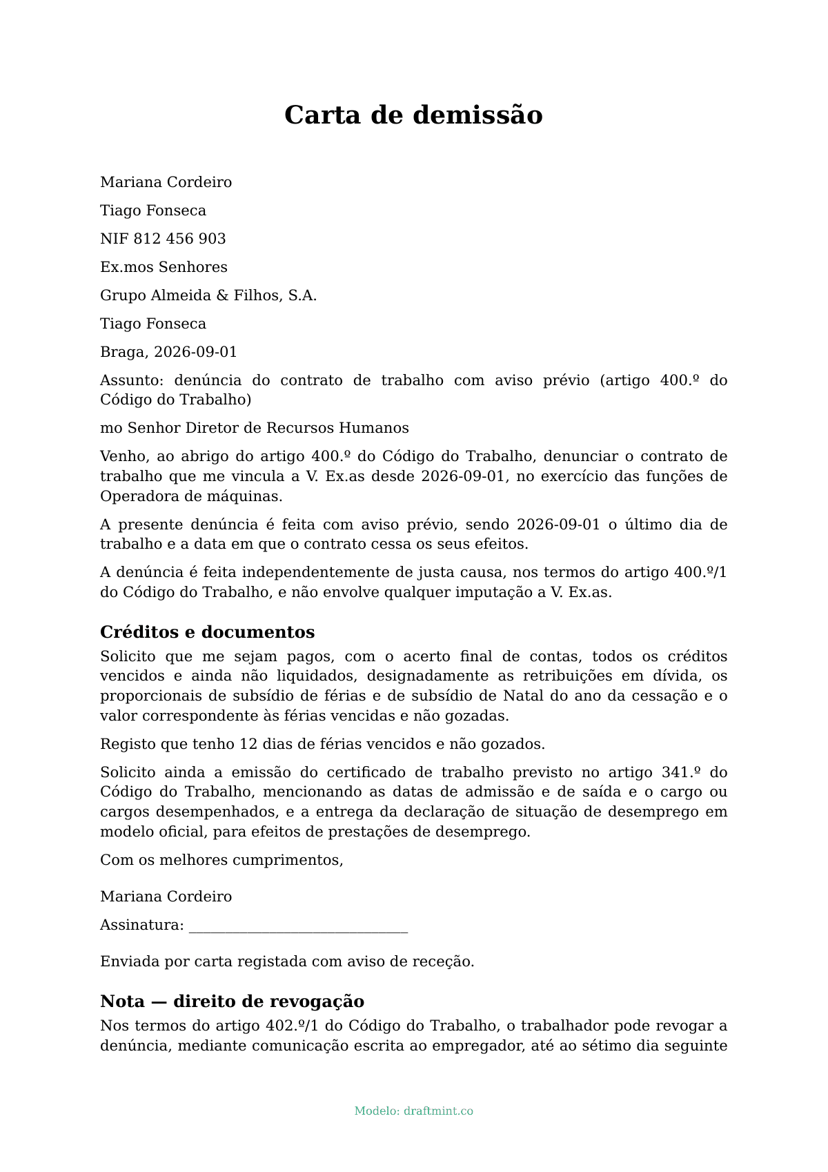 Carta de demissão — modelo preenchido, exemplo em PDF