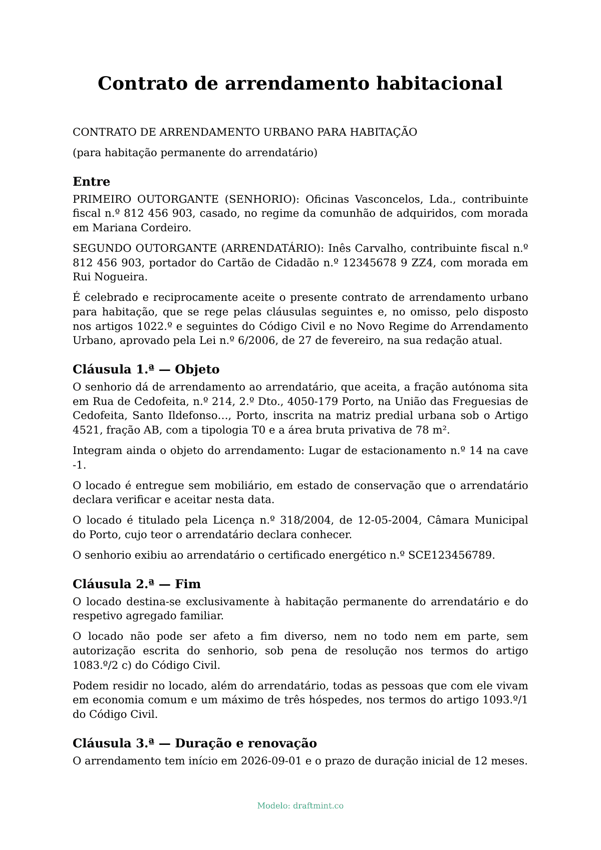 Contrato de arrendamento habitacional — modelo preenchido, exemplo em PDF