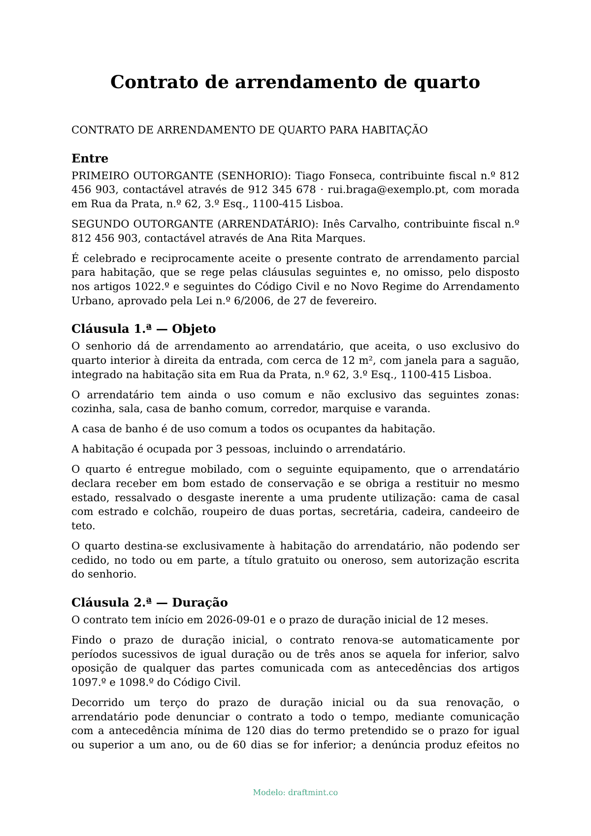 Contrato de arrendamento de quarto — modelo preenchido, exemplo em PDF
