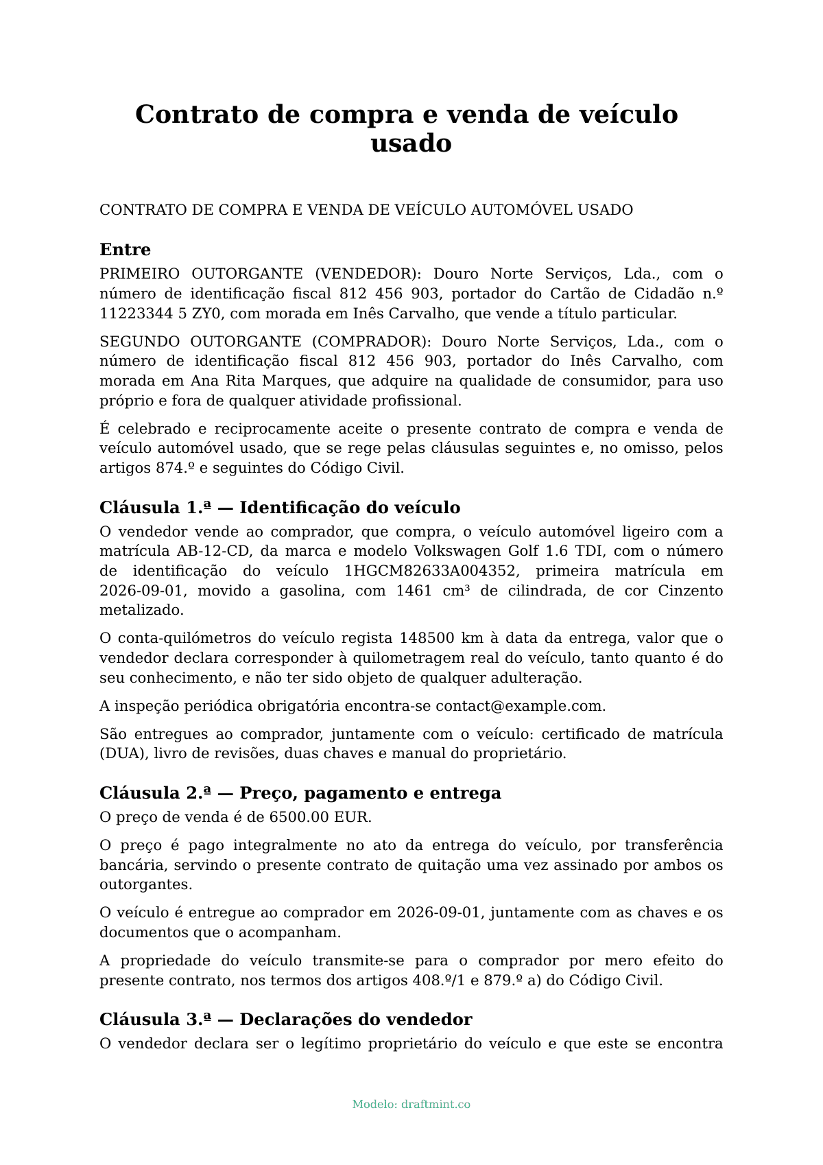 Contrato de compra e venda de veículo usado — modelo preenchido, exemplo em PDF