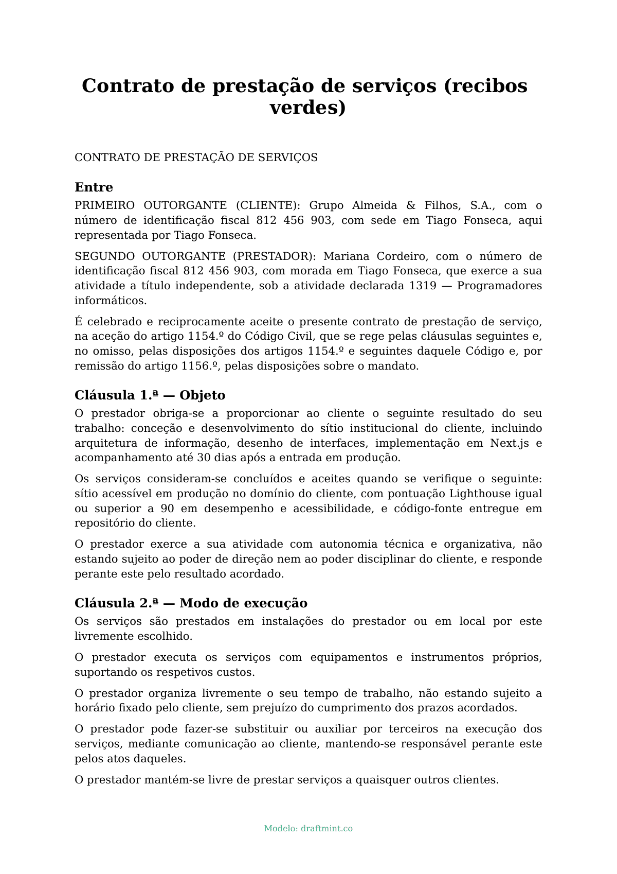 Contrato de prestação de serviços (recibos verdes) — modelo preenchido, exemplo em PDF