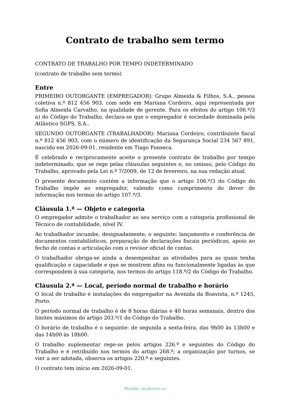 Contrato de trabalho sem termo — modelo preenchido, exemplo em PDF