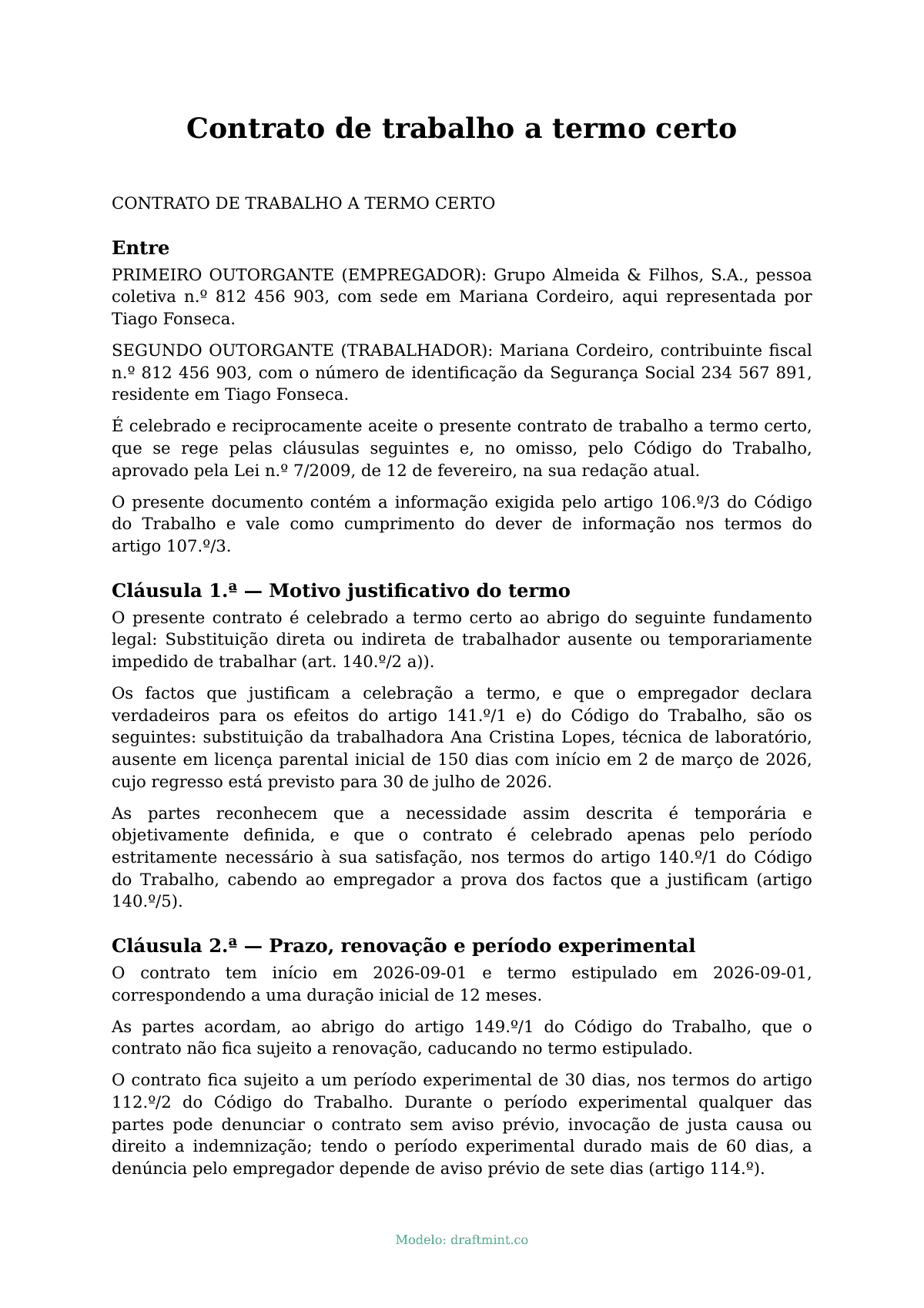 Contrato de trabalho a termo certo — modelo preenchido, exemplo em PDF
