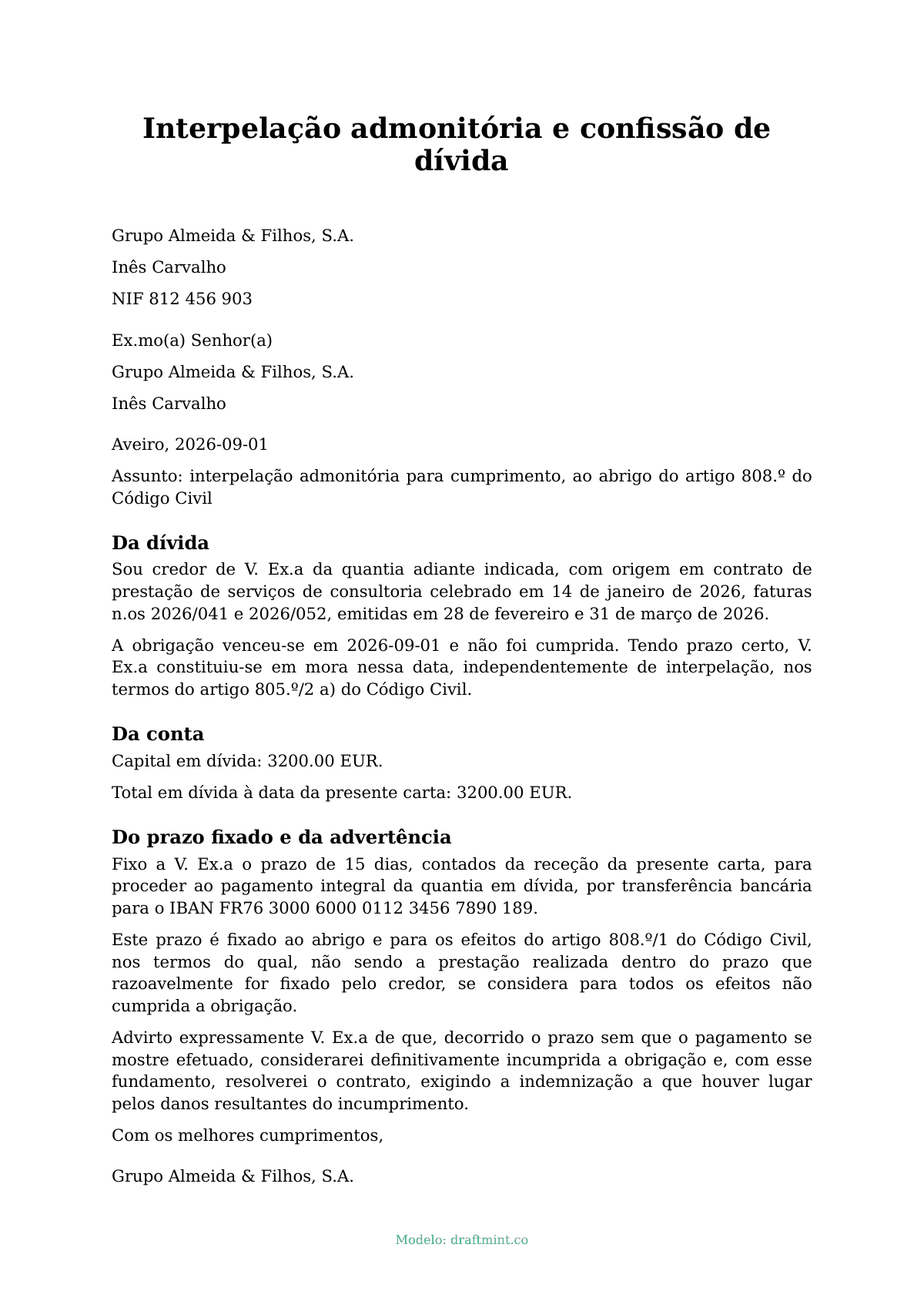 Interpelação admonitória e confissão de dívida — modelo preenchido, exemplo em PDF