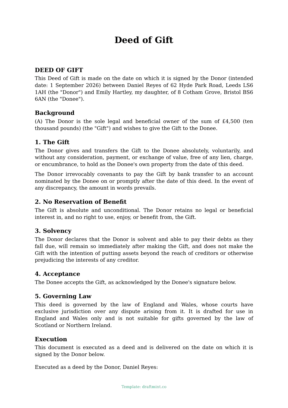Deed of Gift — filled-in template, sample PDF