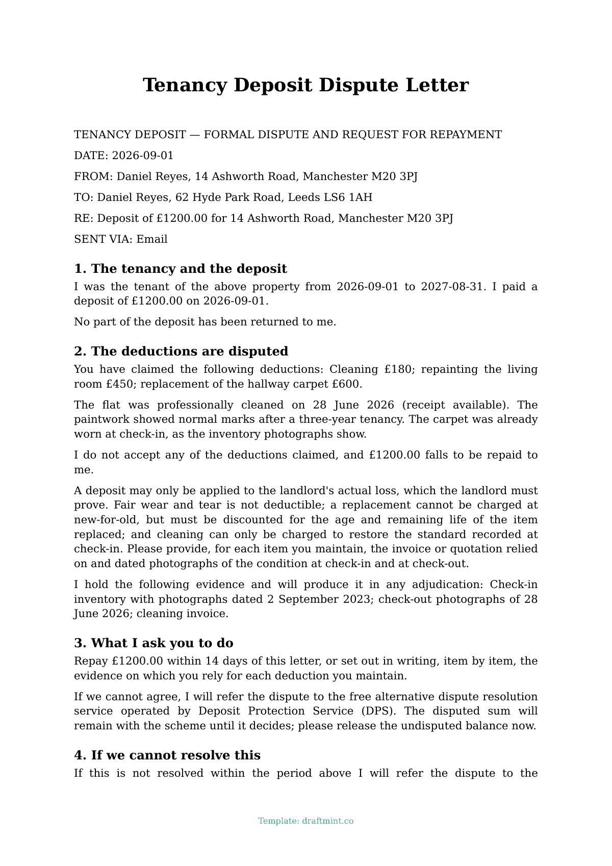 Tenancy Deposit Dispute Letter — filled-in template, sample PDF