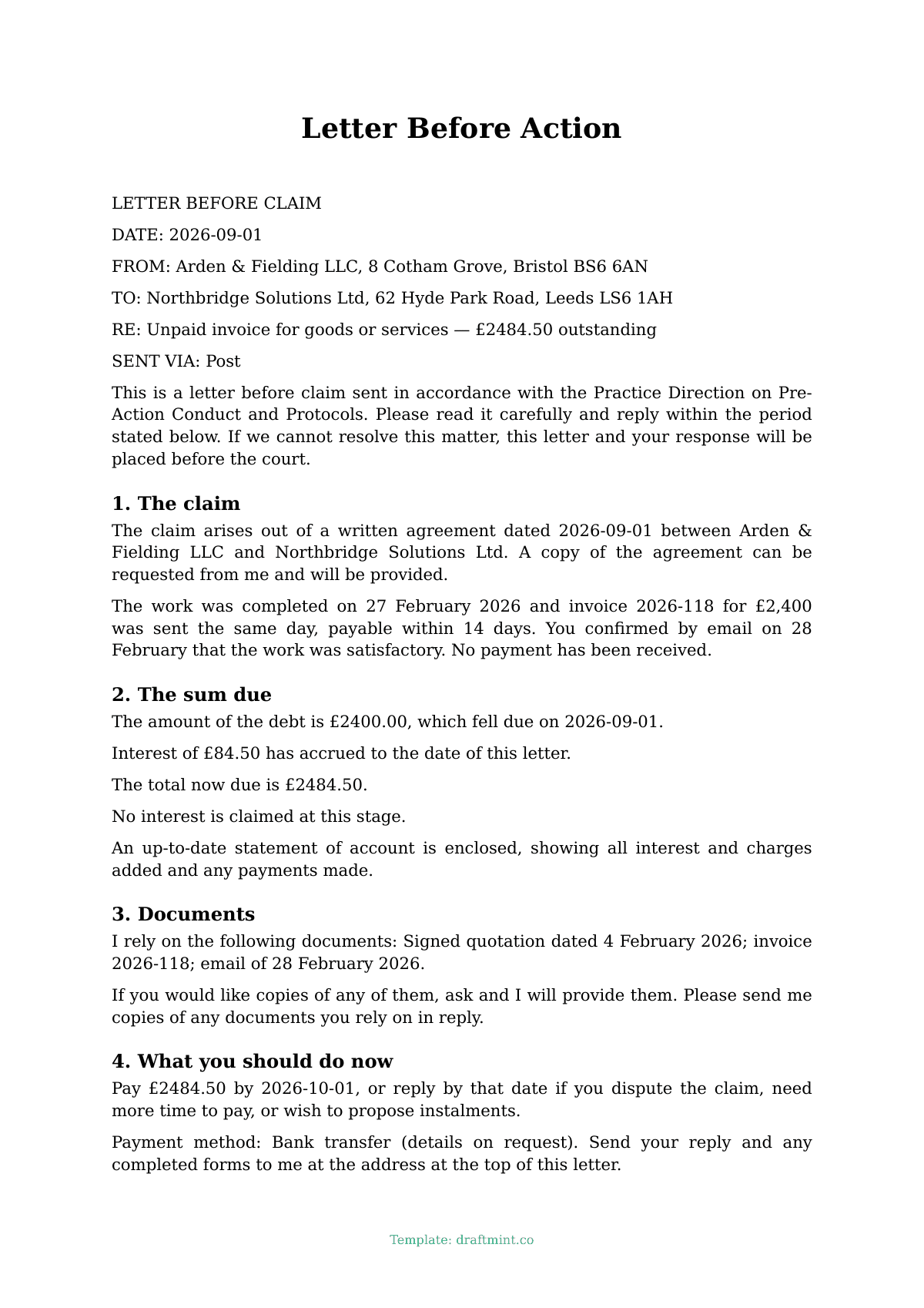 Letter Before Action — filled-in template, sample PDF