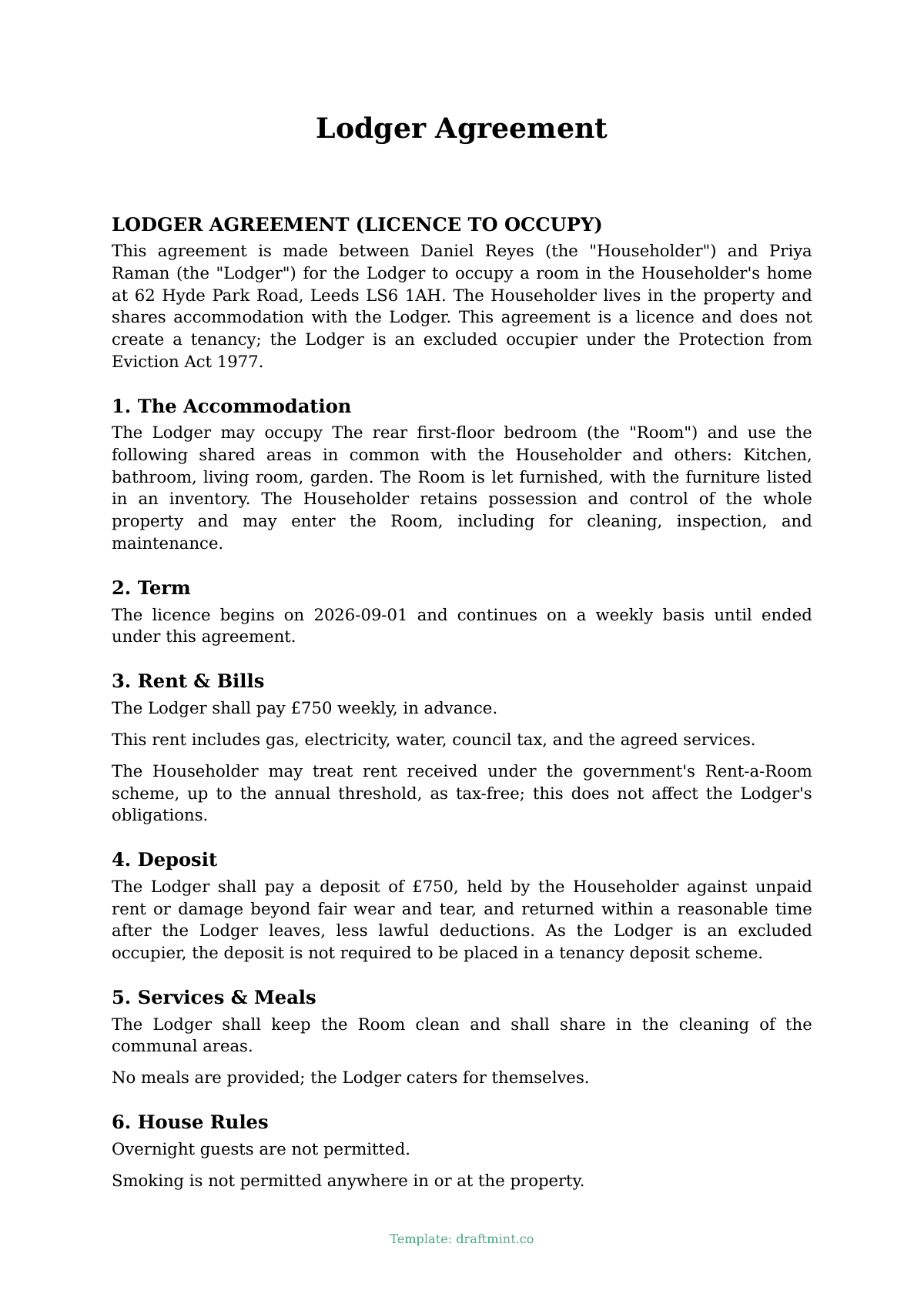 Lodger Agreement — filled-in template, sample PDF