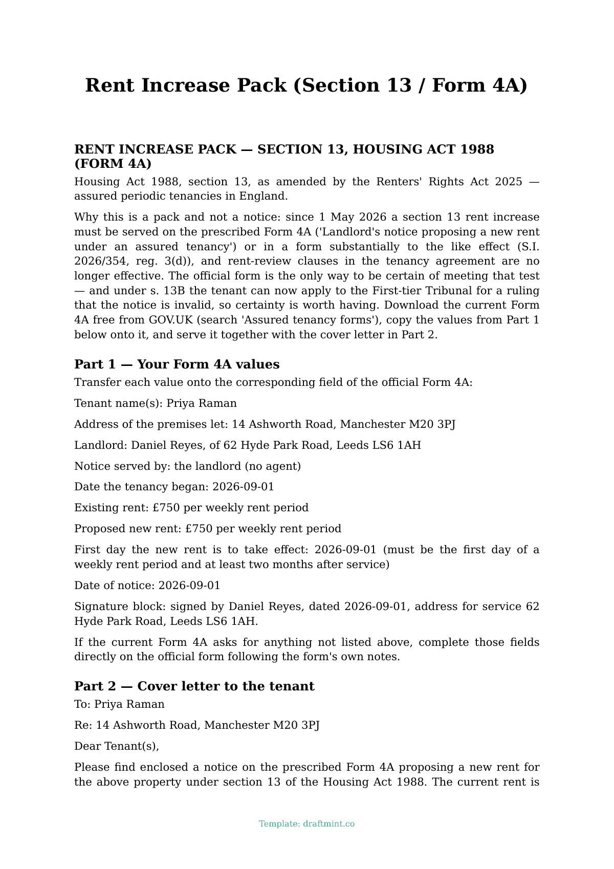 Rent Increase Pack (Section 13 / Form 4A) — filled-in template, sample PDF
